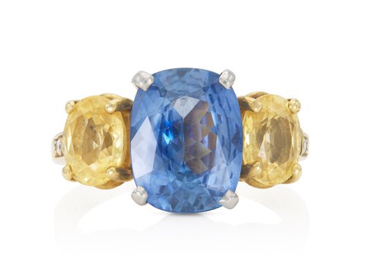 Vintage 1970s 3.00 Carat Blue Sapphire and 1.00 Carat Yellow Sapphires Ring