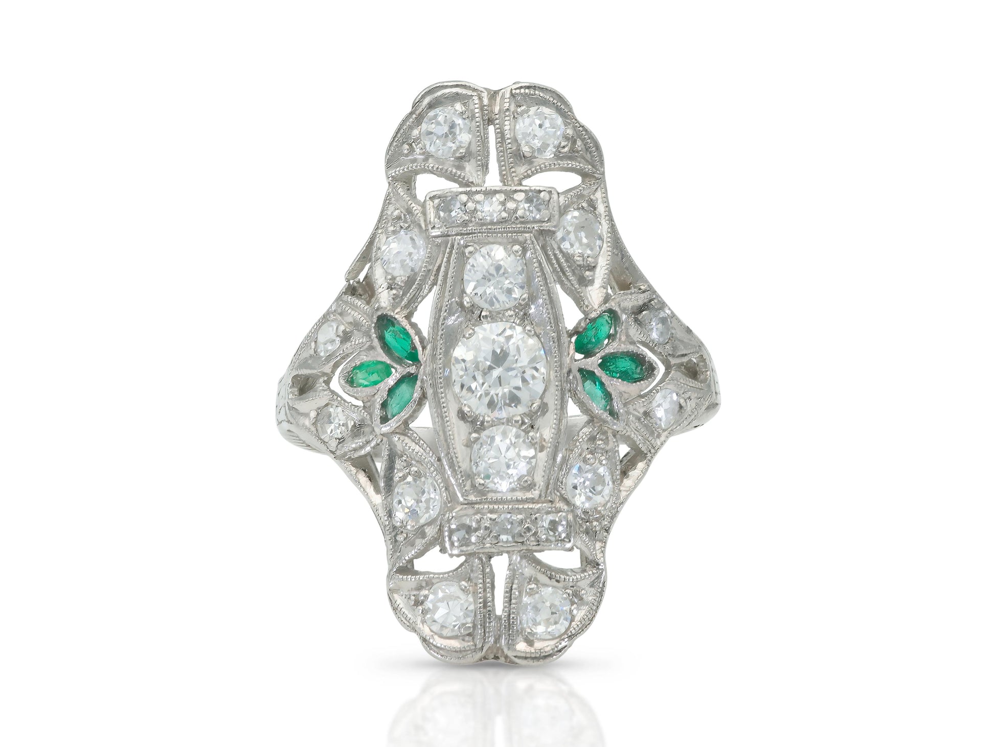 Antique Art Deco 1.00 carat Diamond Dinner Ring with Emeralds