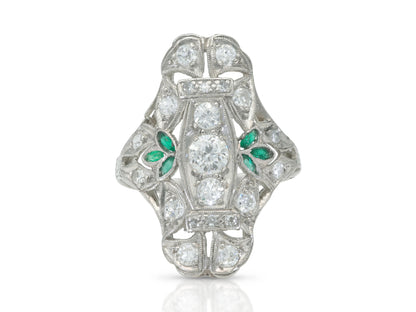 Antique Art Deco 1.00 carat Diamond Dinner Ring with Emeralds