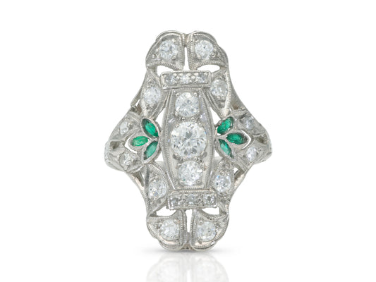 Antique Art Deco 1.00 carat Diamond Dinner Ring with Emeralds