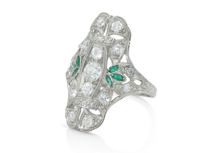 Antique Art Deco 1.00 carat Diamond Dinner Ring with Emeralds