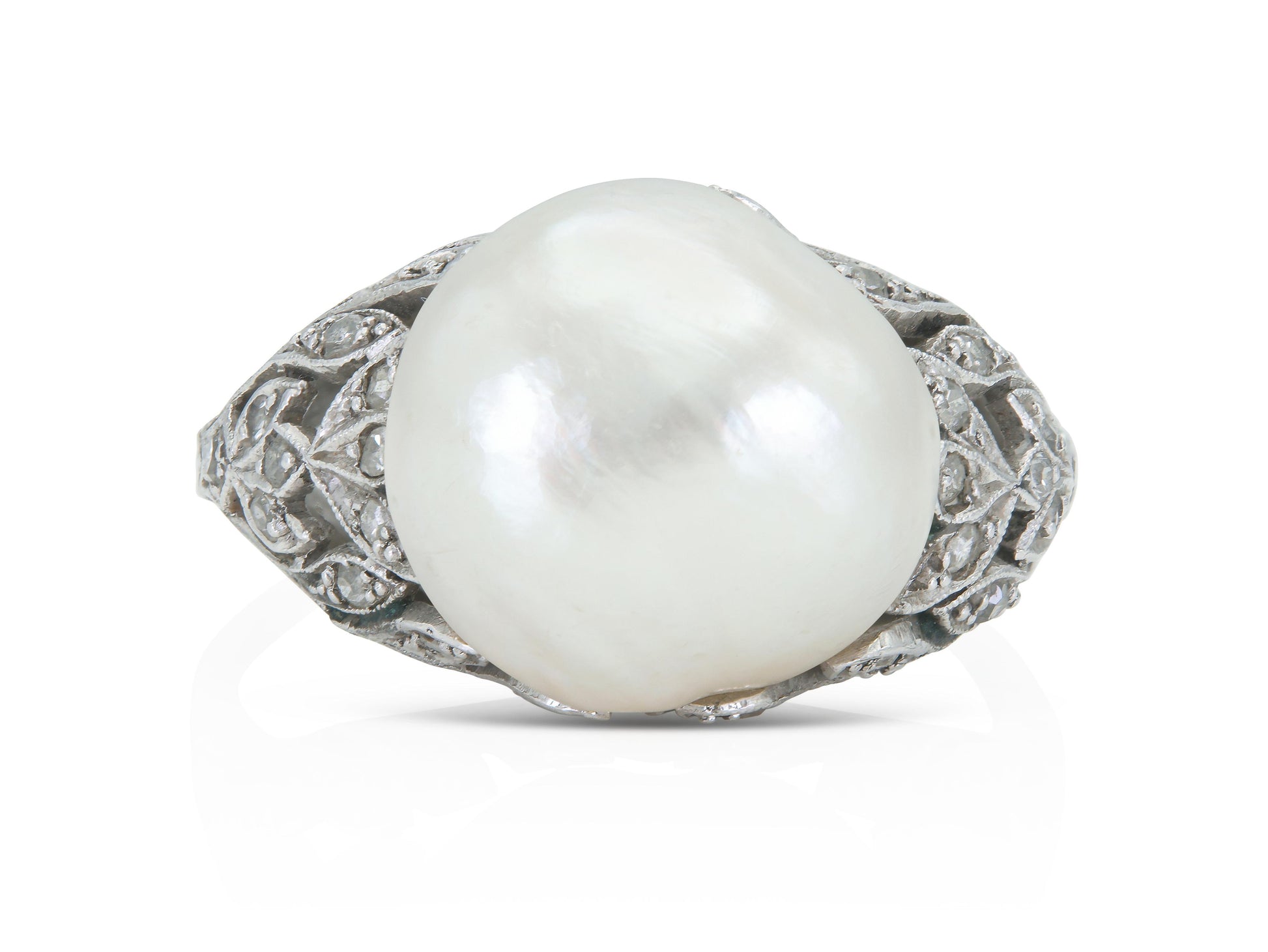 Antique Art Deco 1920s Natural Saltwater Baroque Pearl Ring with Diamonds