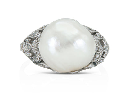Antique Art Deco 1920s Natural Saltwater Baroque Pearl Ring with Diamonds