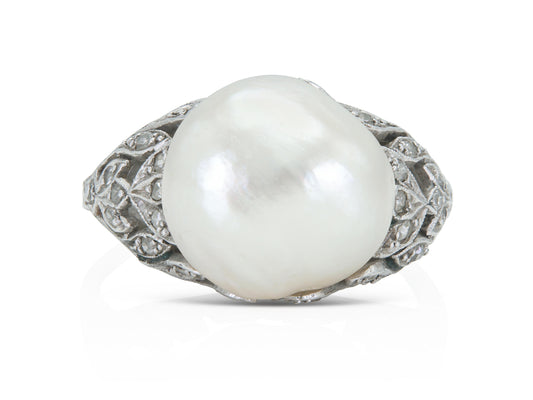 Antique Art Deco 1920s Natural Saltwater Baroque Pearl Ring with Diamonds
