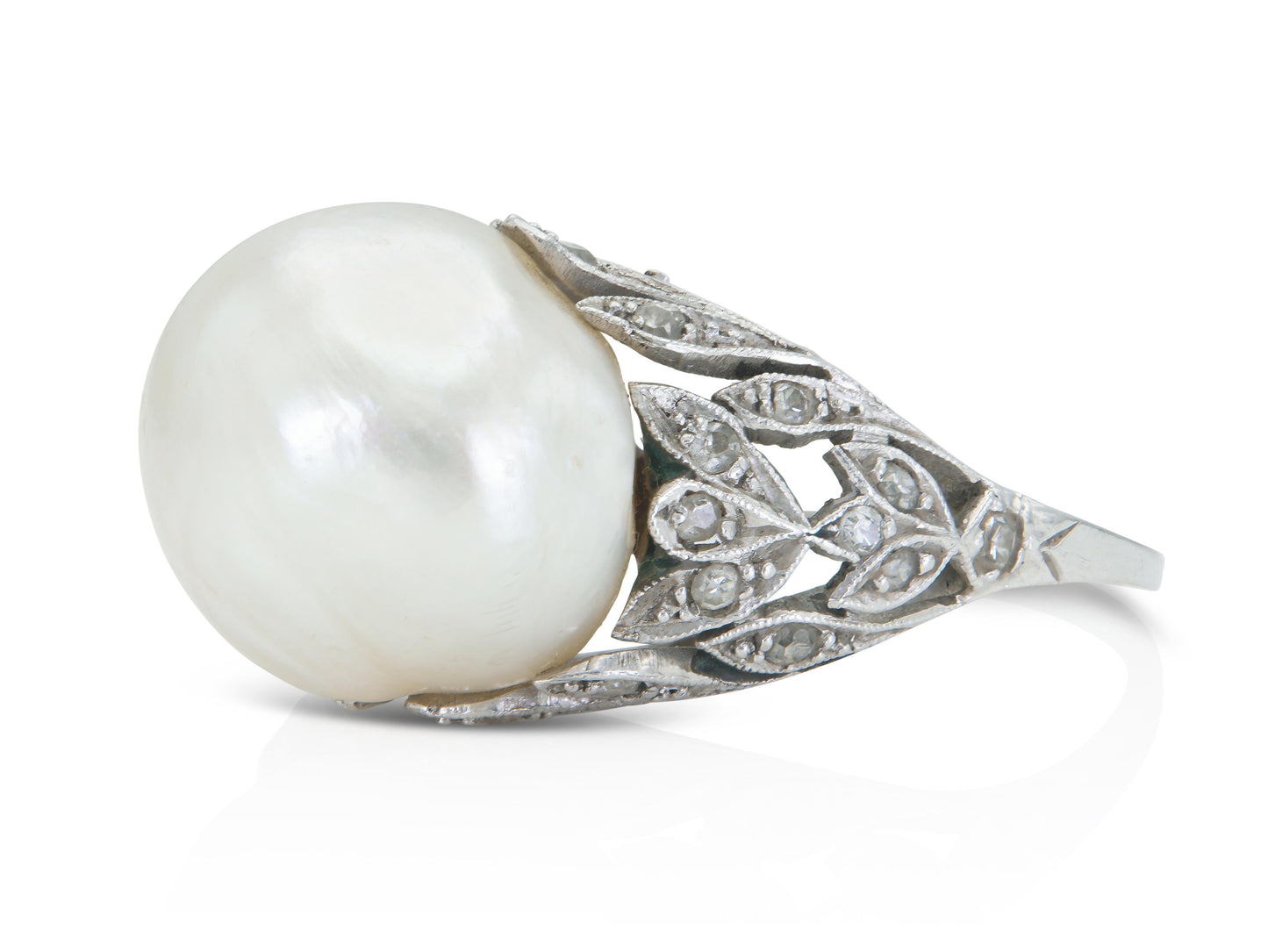 Antique Art Deco 1920s Natural Saltwater Baroque Pearl Ring with Diamonds