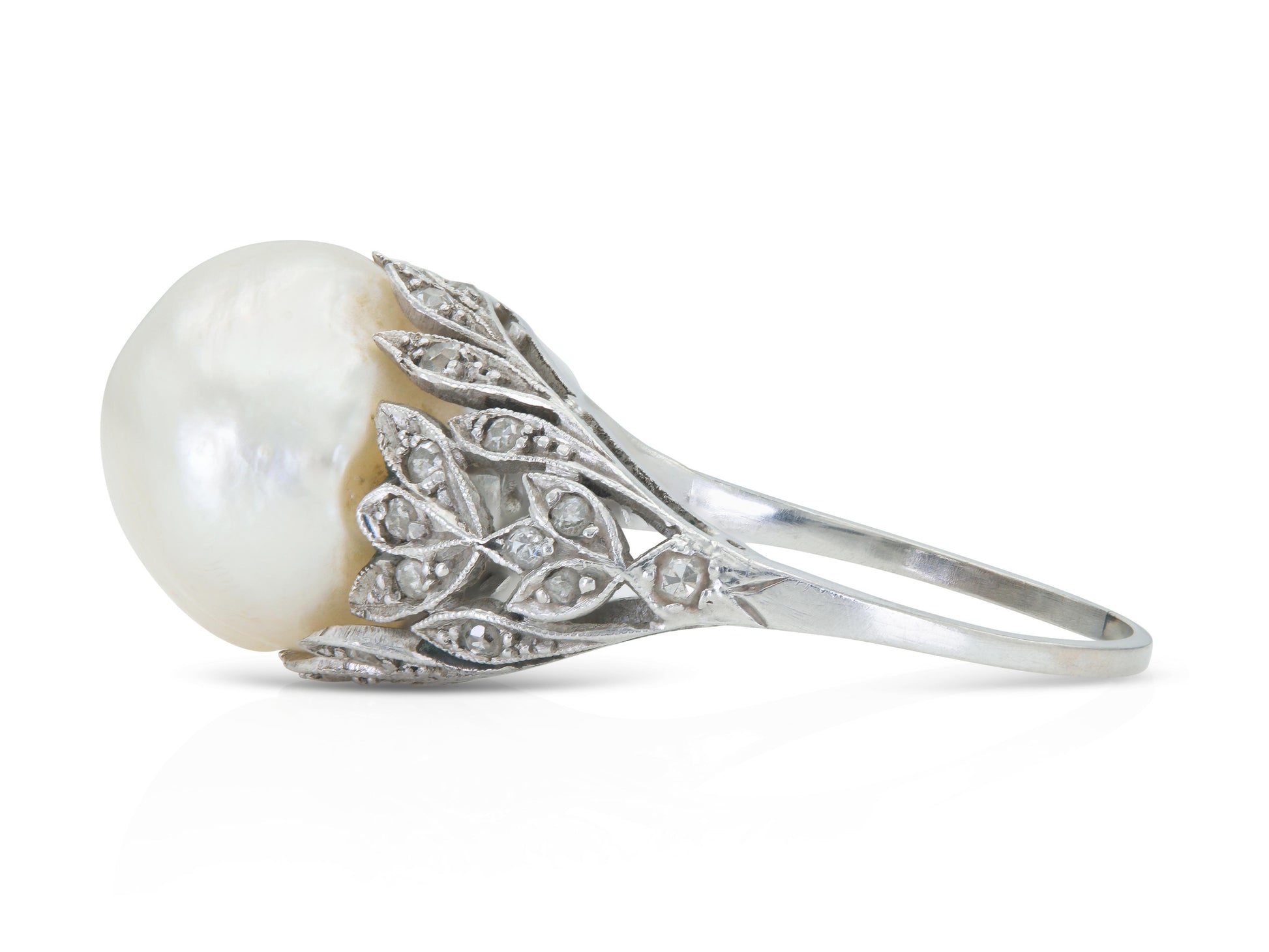Antique Art Deco 1920s Natural Saltwater Baroque Pearl Ring with Diamonds