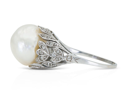 Antique Art Deco 1920s Natural Saltwater Baroque Pearl Ring with Diamonds