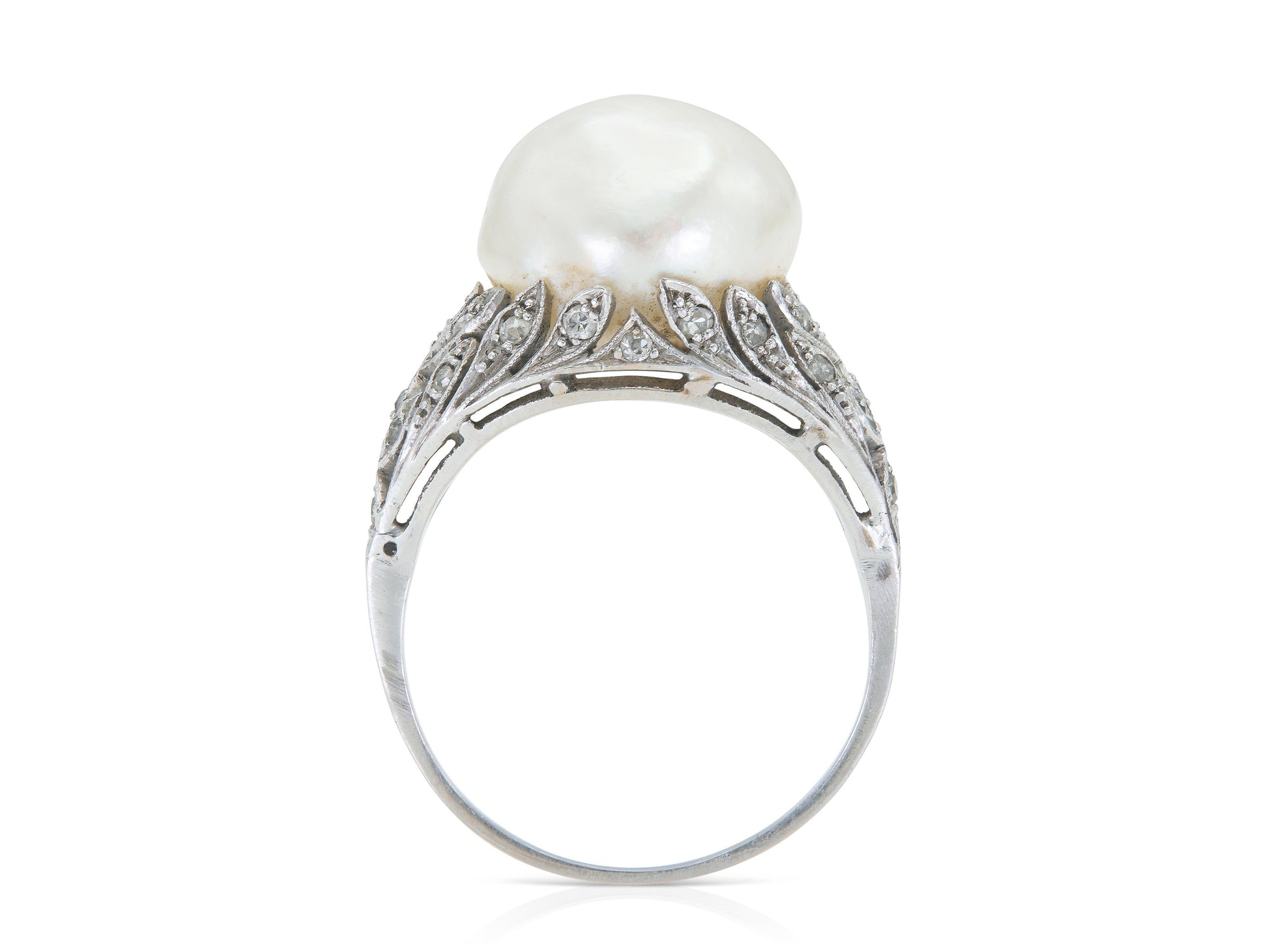 Antique Art Deco 1920s Natural Saltwater Baroque Pearl Ring with Diamonds