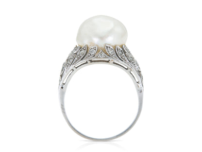Antique Art Deco 1920s Natural Saltwater Baroque Pearl Ring with Diamonds