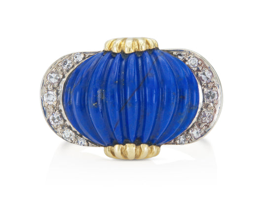 Vintage 1970s Carved Lapis Lazuli Ring with Diamonds