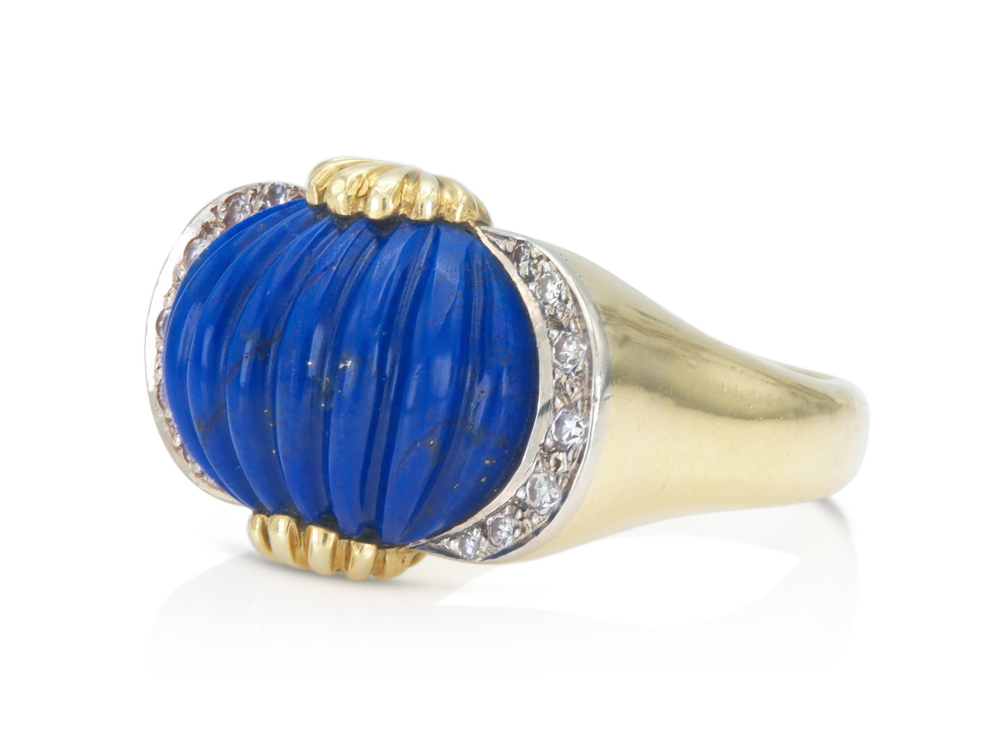 Vintage 1970s Carved Lapis Lazuli Ring with Diamonds