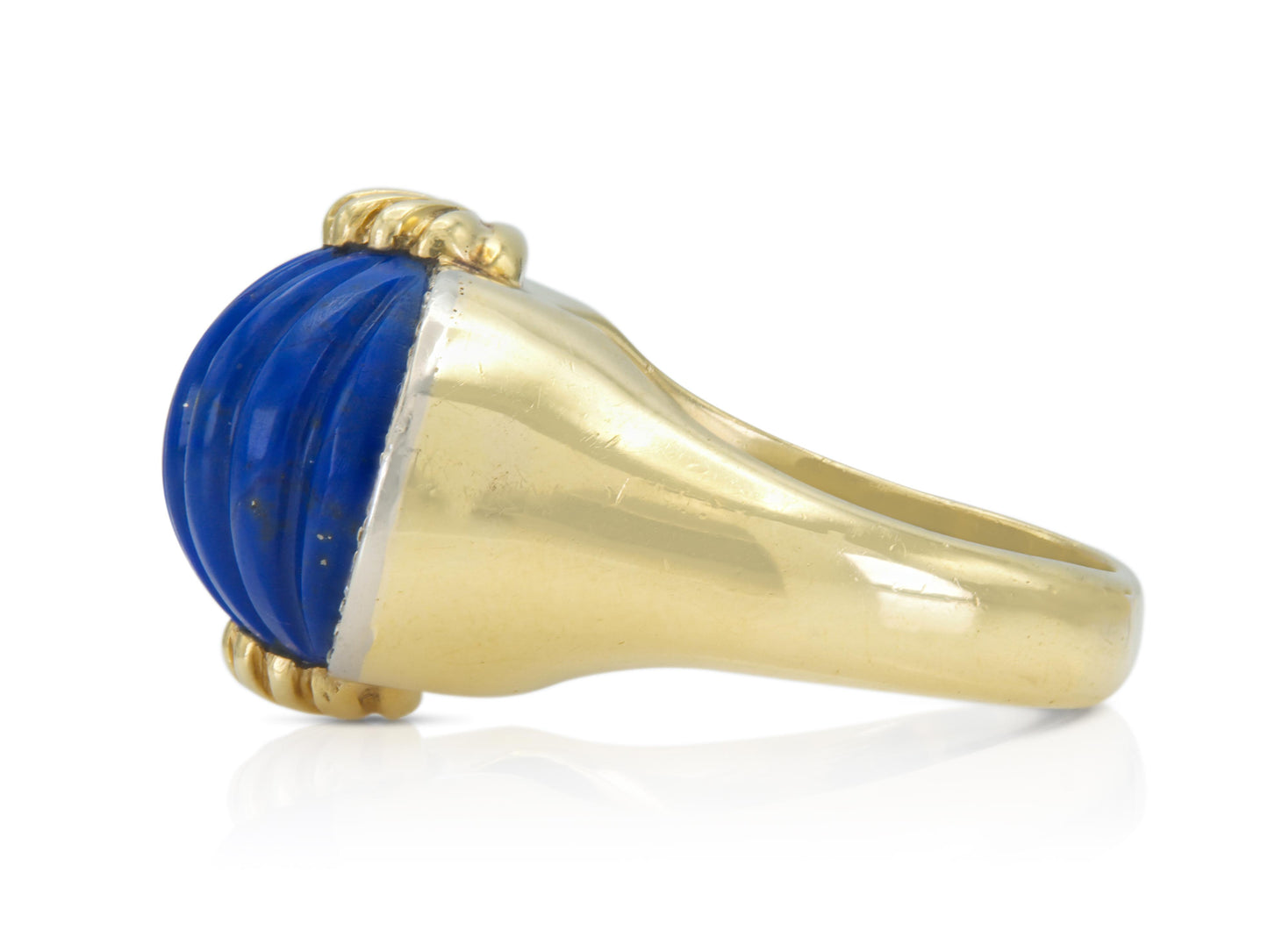 Vintage 1970s Carved Lapis Lazuli Ring with Diamonds