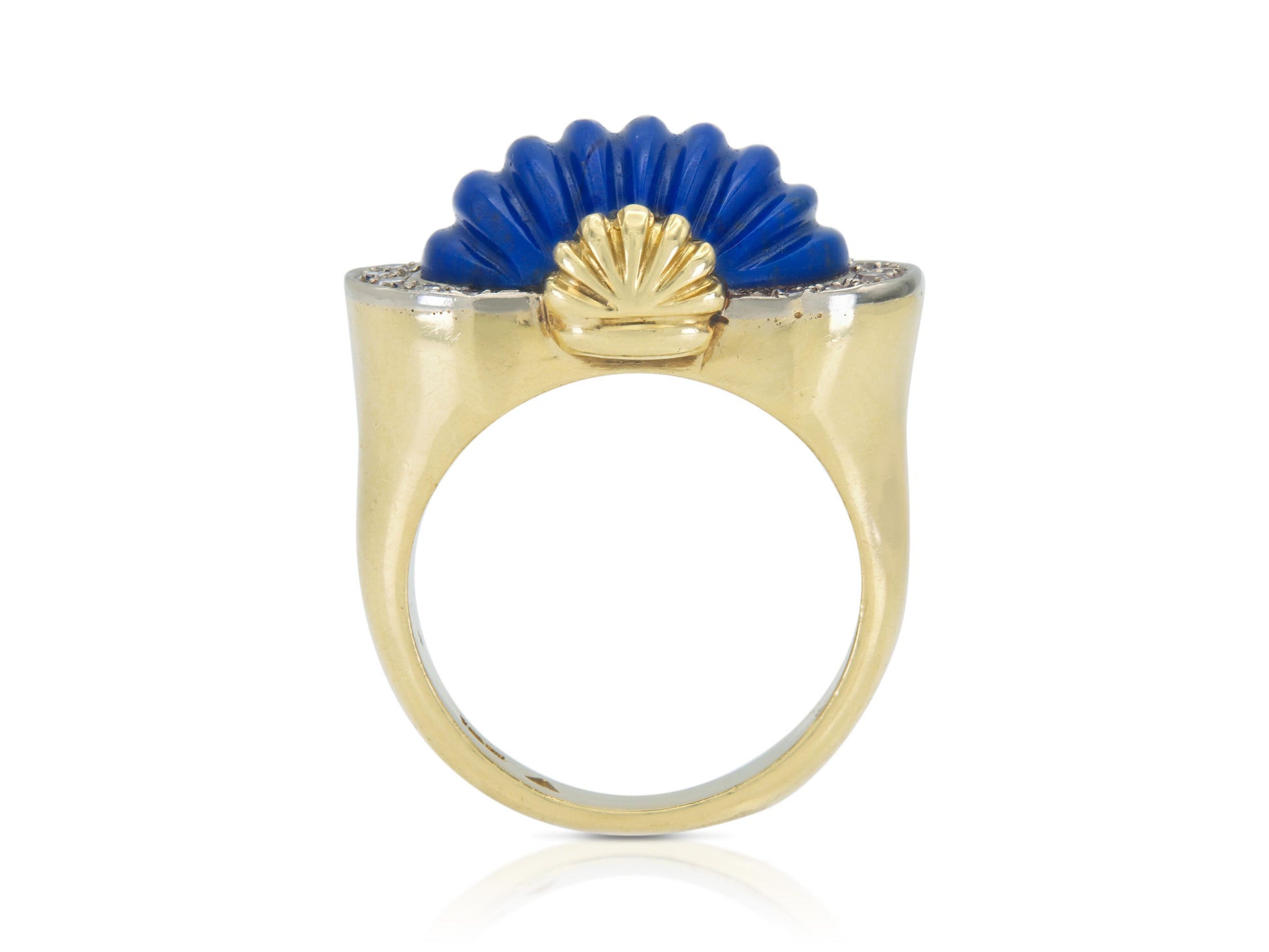 Vintage 1970s Carved Lapis Lazuli Ring with Diamonds