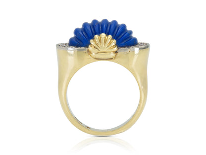 Vintage 1970s Carved Lapis Lazuli Ring with Diamonds