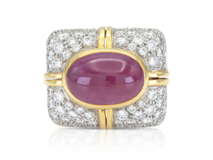 Vintage 1960s 5.00 Carat Cabochon Ruby Ring with Diamonds
