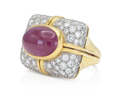 Vintage 1960s 5.00 Carat Cabochon Ruby Ring with Diamonds