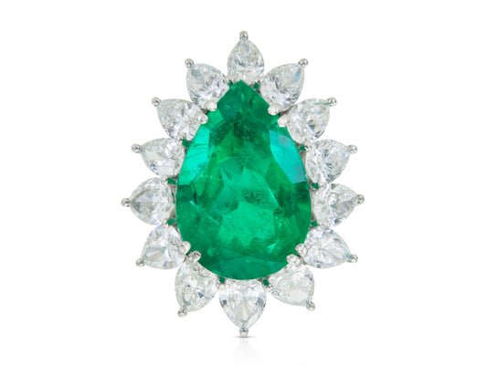 Vintage 1950s 10.00 Carat Pear-Shaped Colombian Emerald Ring with Diamonds