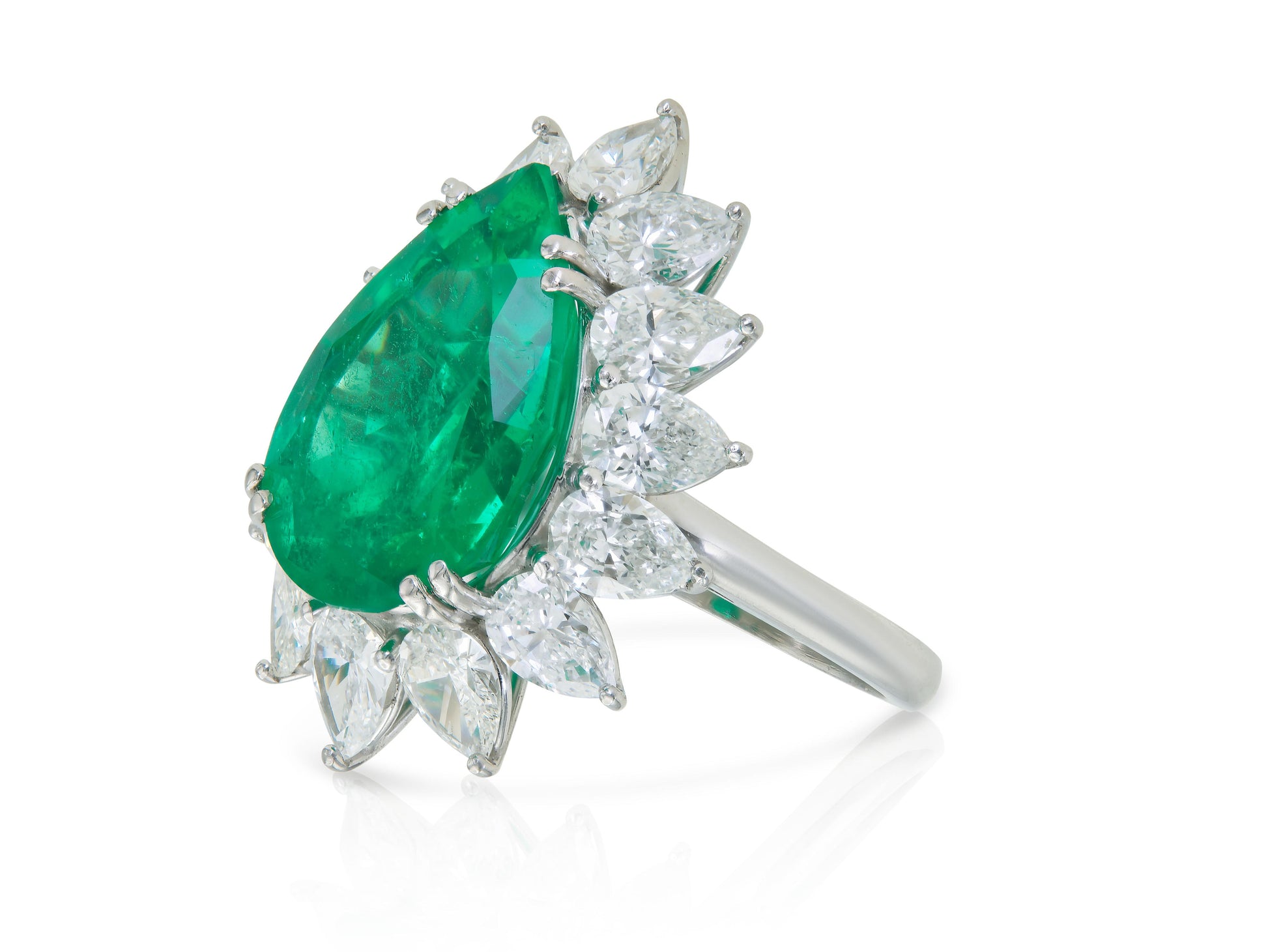 Vintage 1950s 10.00 Carat Pear-Shaped Colombian Emerald Ring with Diamonds
