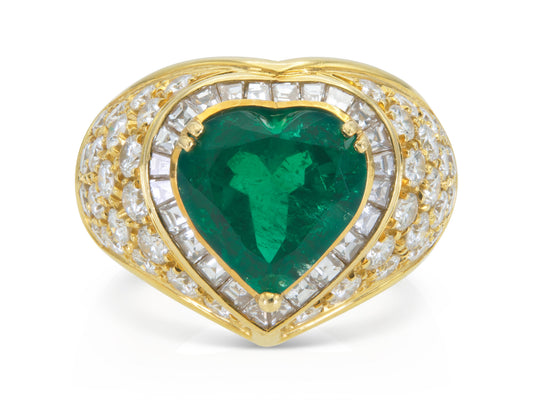 Vintage 1980s 5.00 Carat Heart-Shaped Colombian Emerald Ring with Diamonds
