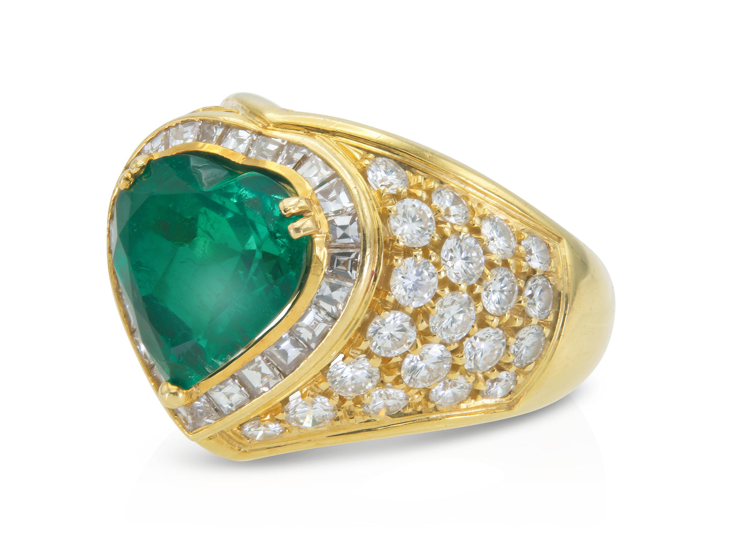 Vintage 1980s 5.00 Carat Heart-Shaped Colombian Emerald Ring with Diamonds