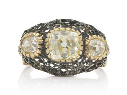 Vintage 1950s Mario Buccellati Old Mine Cut Diamond Three-Stone Bombe Ring