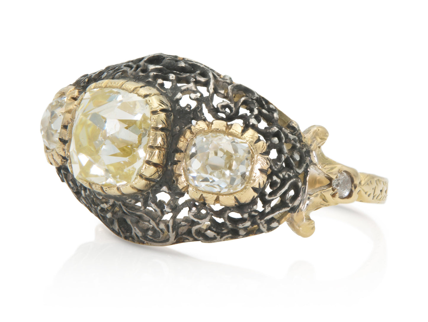 Vintage 1950s Mario Buccellati Old Mine Cut Diamond Three-Stone Bombe Ring