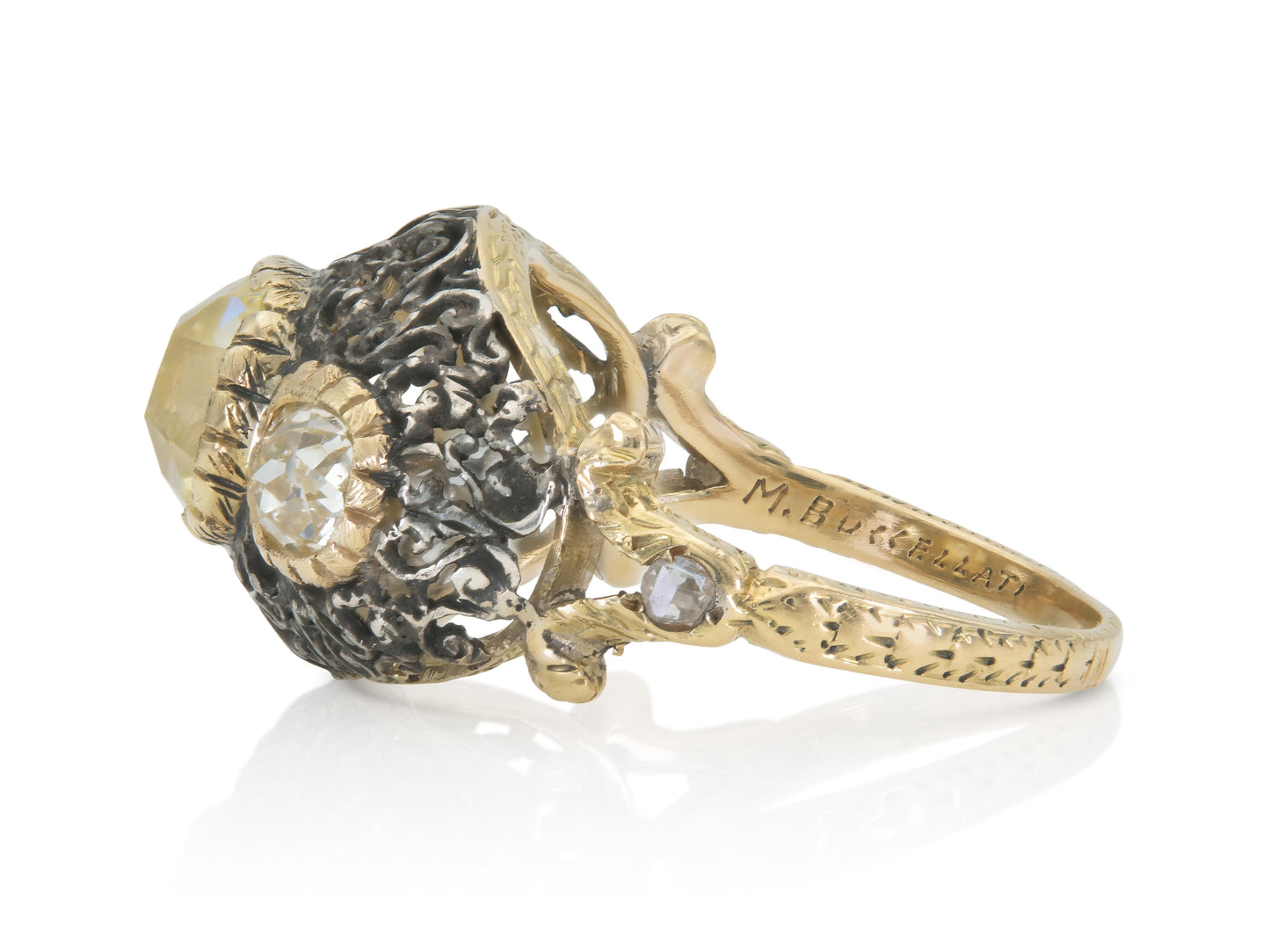 Vintage 1950s Mario Buccellati Old Mine Cut Diamond Three-Stone Bombe Ring