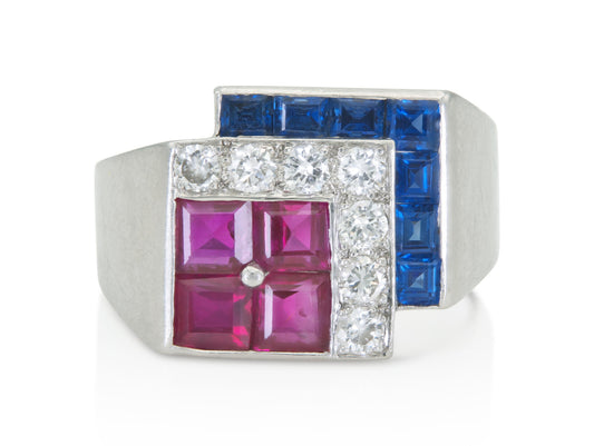 Vintage 1940s Retro Tiffany & Co. Ruby, Sapphire and Diamond Ring