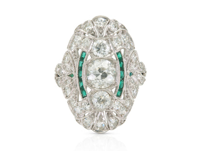 Antique Art Deco 1920s 2.20 Carat Diamond Dinner Ring with Emeralds