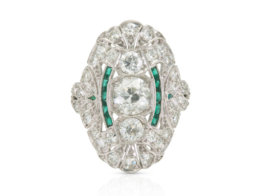 Antique Art Deco 1920s 2.20 Carat Diamond Dinner Ring with Emeralds