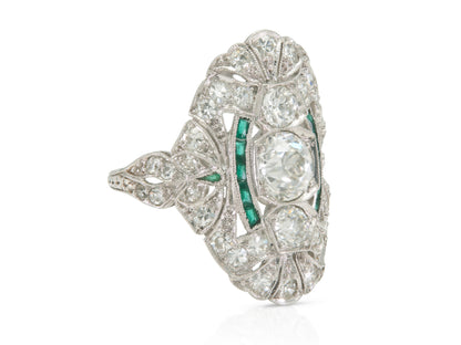 Antique Art Deco 1920s 2.20 Carat Diamond Dinner Ring with Emeralds