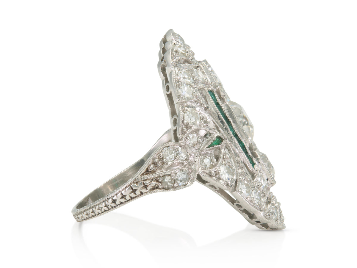 Antique Art Deco 1920s 2.20 Carat Diamond Dinner Ring with Emeralds