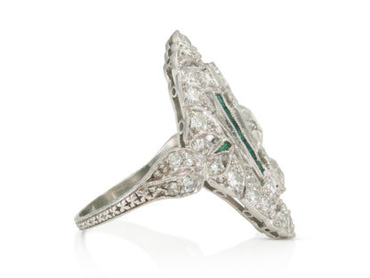 Antique Art Deco 1920s 2.20 Carat Diamond Dinner Ring with Emeralds