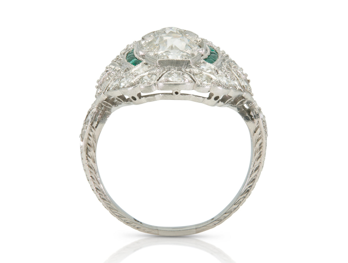 Antique Art Deco 1920s 2.20 Carat Diamond Dinner Ring with Emeralds