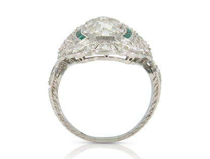 Antique Art Deco 1920s 2.20 Carat Diamond Dinner Ring with Emeralds