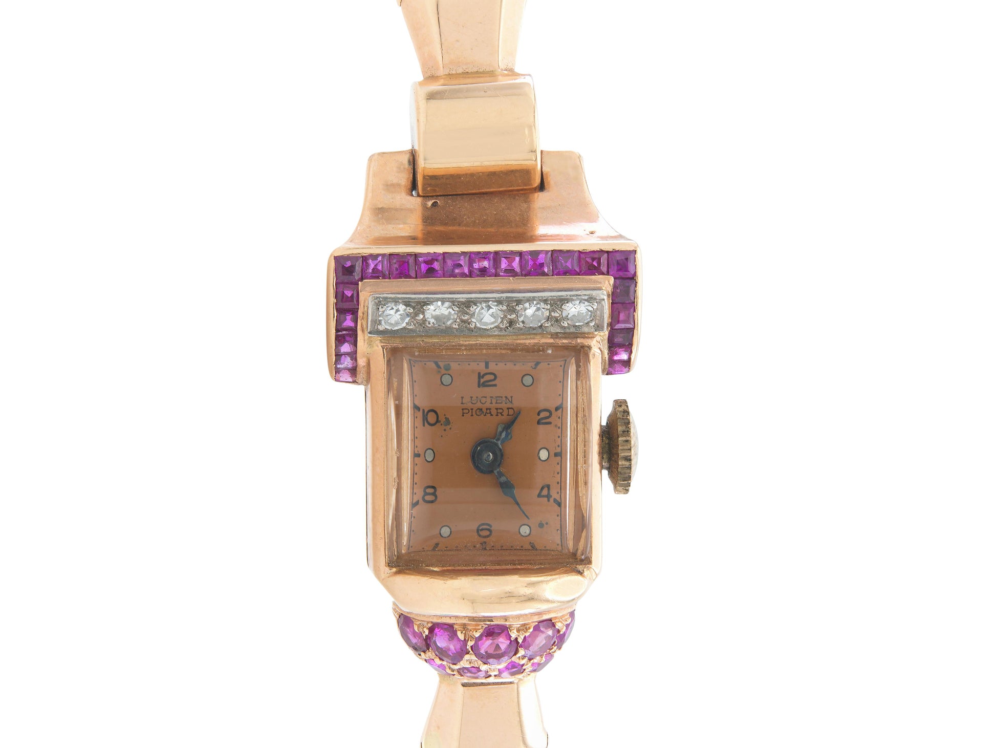 Vintage 1940s Retro Lucien Piccard Rose Gold Watch with Rubies and Diamonds