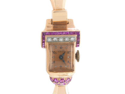 Vintage 1940s Retro Lucien Piccard Rose Gold Watch with Rubies and Diamonds
