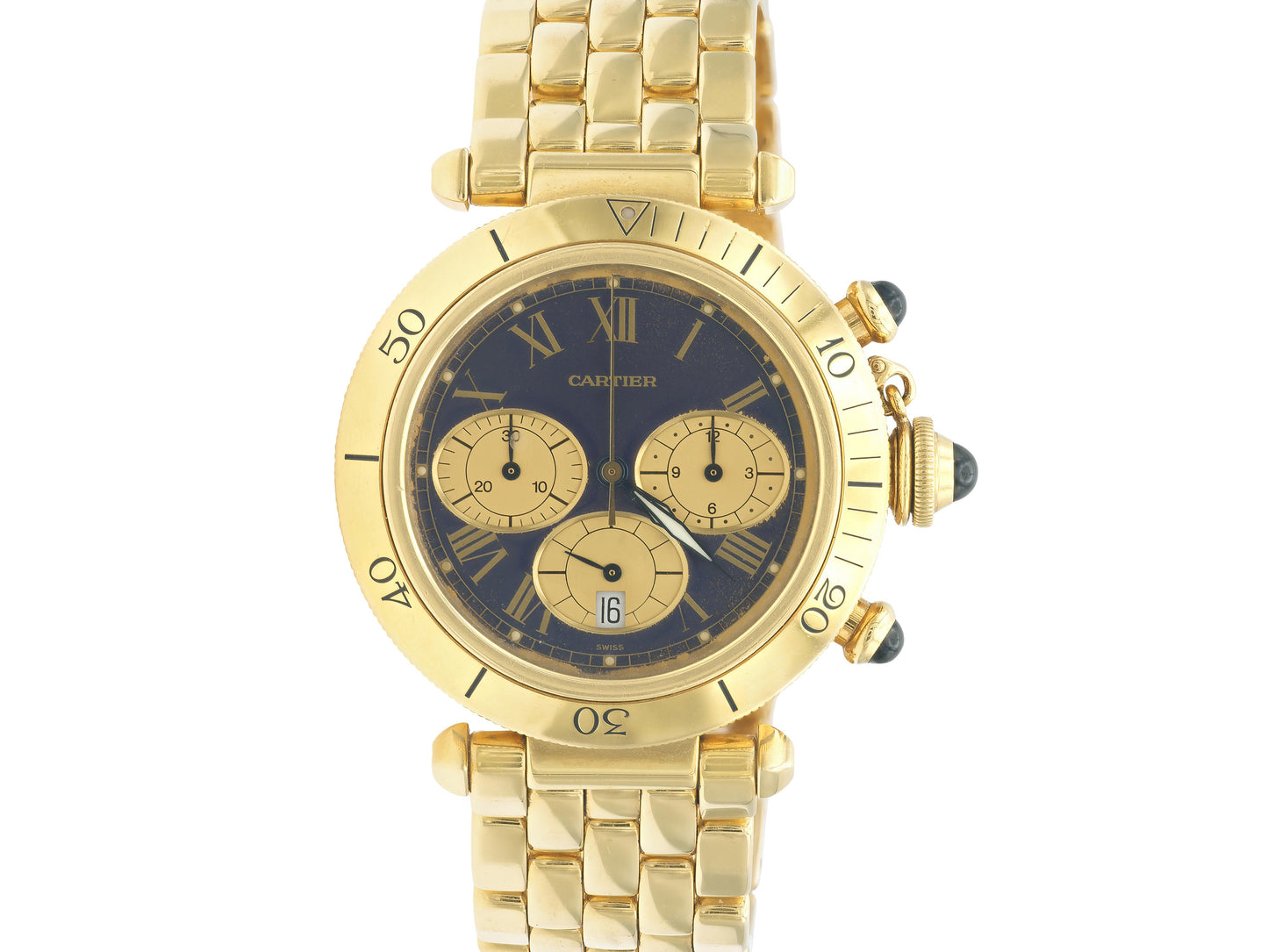 Vintage 1990s Cartier Gold Pasha Chronograph Watch with Sapphires