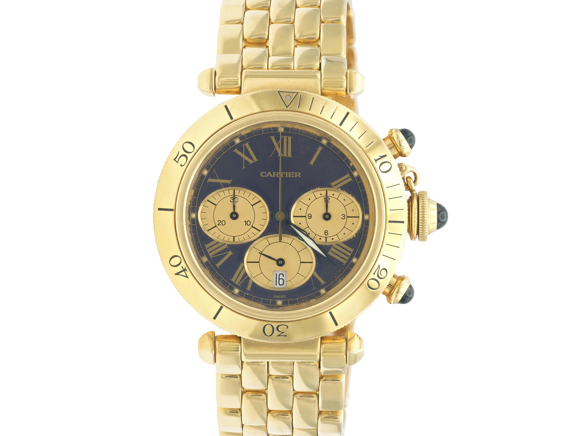 Vintage 1990s Cartier Gold Pasha Chronograph Watch with Sapphires