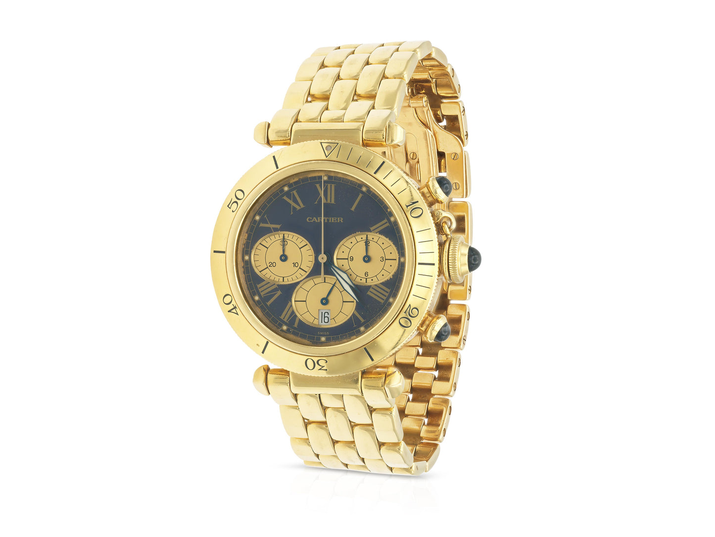 Vintage 1990s Cartier Gold Pasha Chronograph Watch with Sapphires