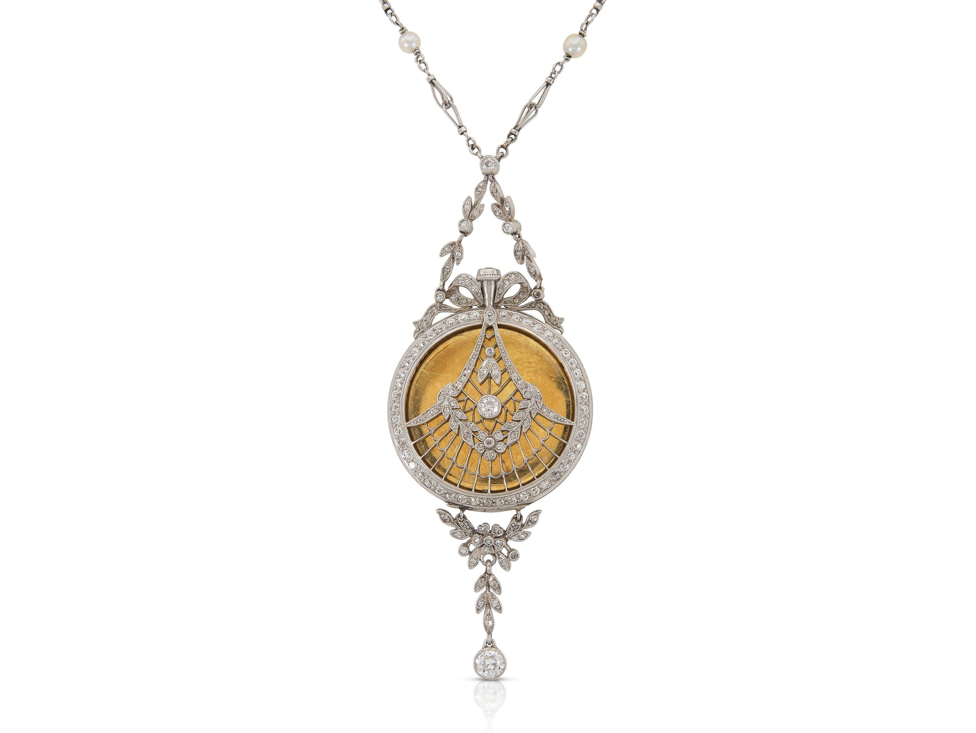 Antique Edwardian 1900s Touchon & Co. Diamond and Pearl Watch Pendant
