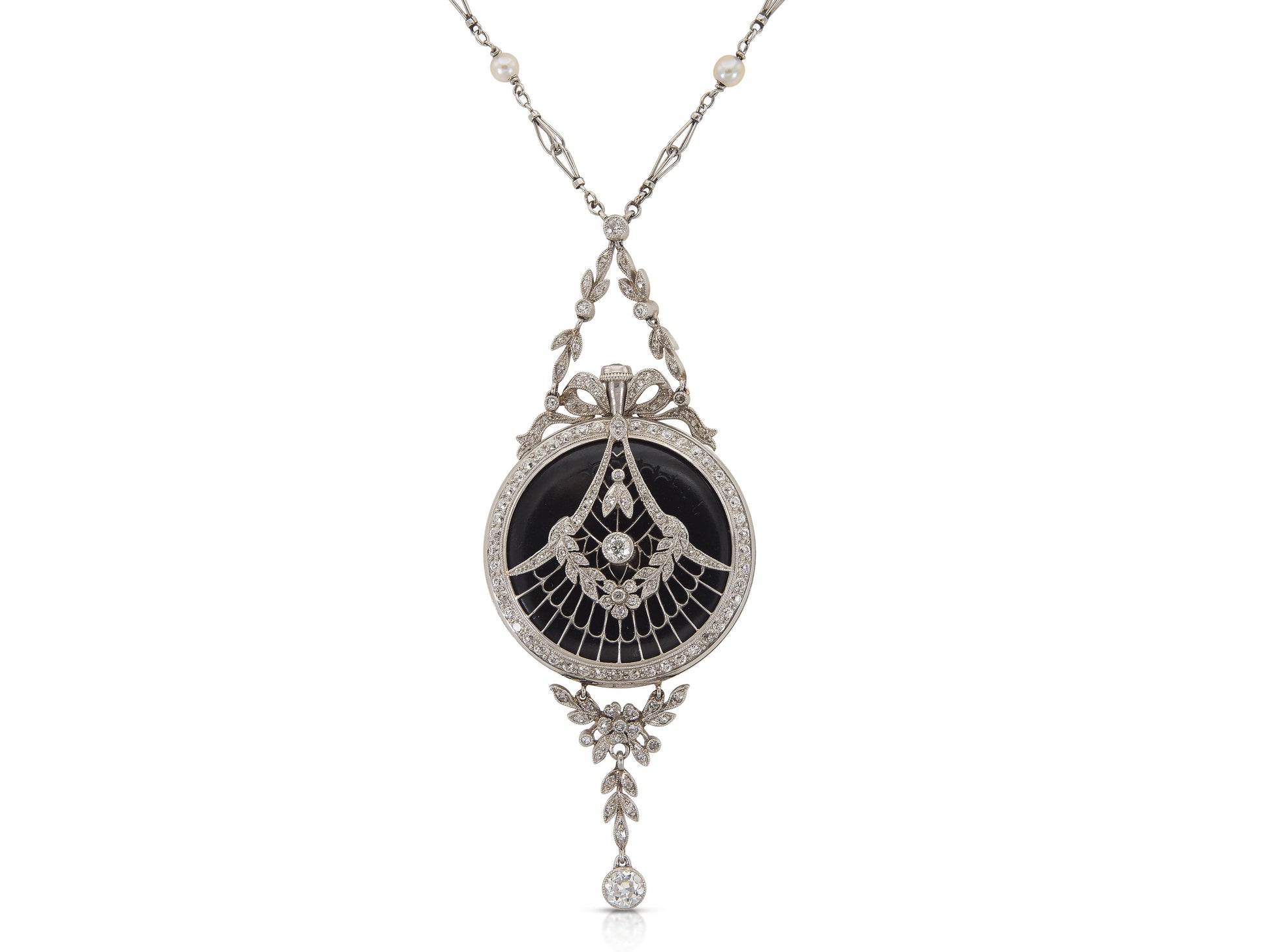 Antique Edwardian 1900s Touchon & Co. Diamond and Pearl Watch Pendant
