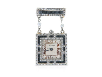 Antique Art Deco 1920s Cartier Diamond and Onyx Watch Brooch