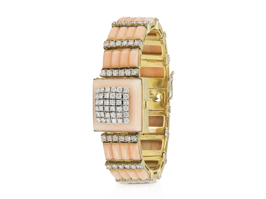 Vintage 1950s Coral and Diamond Concealed Watch Bracelet