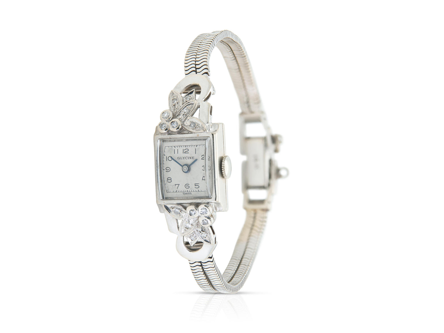 Vintage 1940s Retro Glycine White Gold Watch with Diamonds