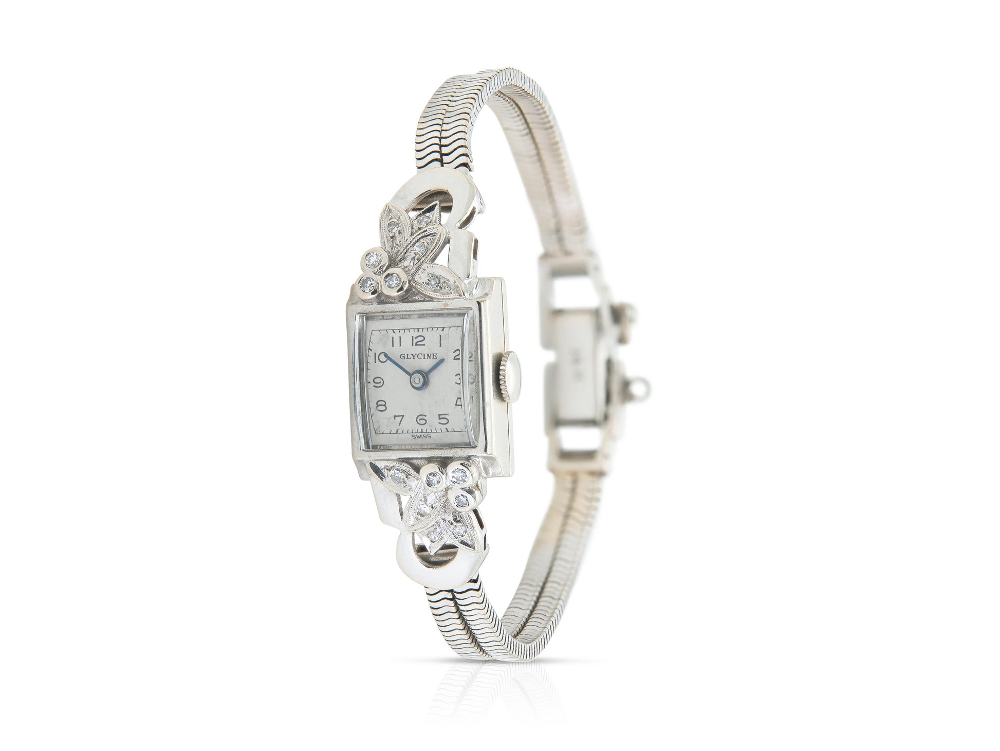 Vintage 1940s Retro Glycine White Gold Watch with Diamonds
