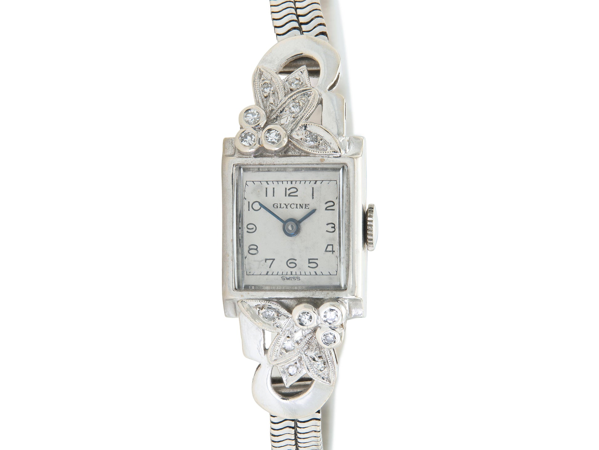 Vintage 1940s Retro Glycine White Gold Watch with Diamonds