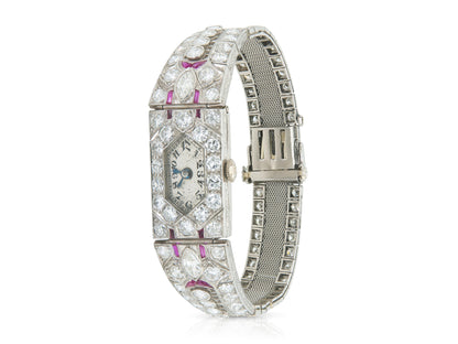 Antique Art Deco 1930s 12.50 Carat Diamond Watch with Rubies