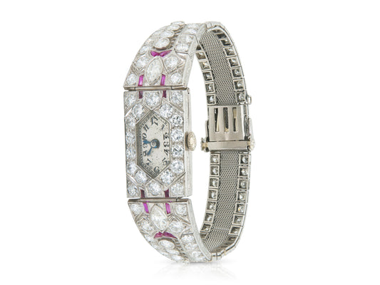 Antique Art Deco 1930s 12.50 Carat Diamond Watch with Rubies